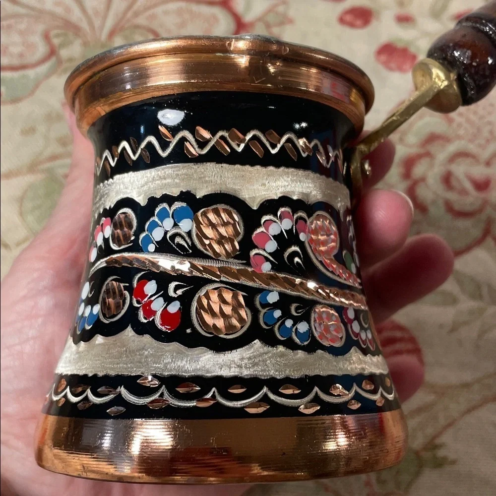 Turkish Handmade Multicolor Design Coffee Pot with Wood Handle